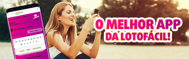 Banner com texto: O melhor aplicativo da Lotofácil! Menina joga online ao fundo.