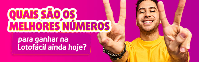 Banner com pergunta: Quais são os melhores números para jogar na Lotofácil? Homem ao fundo faz "V" de vitória.