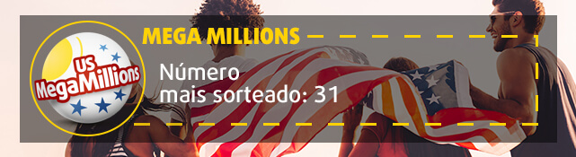 Banner com número que mais sai na Mega Millions: 31. Grupo de amigos segura bandeira americana ao fundo.