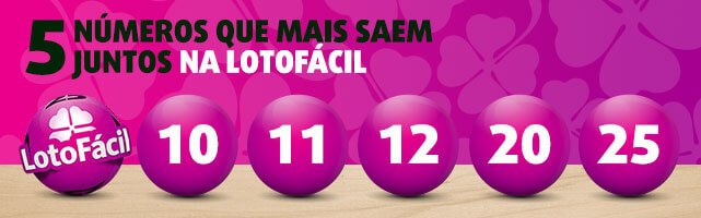 5 números que mais saem juntos na Lotofácil: 10, 11, 12, 20, 25