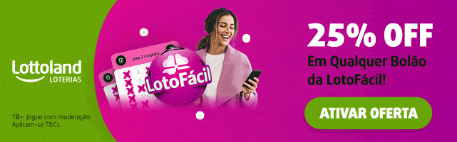 Banner promocional da Lottoland Loterias oferecendo 25% de desconto em qualquer bolão da LotoFácil. O anúncio apresenta uma mulher sorrindo enquanto segura um smartphone, com bilhetes da LotoFácil e uma bola rosa exibindo o logo do jogo. O fundo é vibrante em verde e rosa, com um botão de call-to-action destacado escrito "ATIVAR OFERTA'". No rodapé, há um aviso sobre jogo responsável para maiores de 18 anos, com a informação de que se aplicam termos e condições.