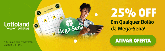 Banner promocional da Lottoland Loterias oferecendo 25% de desconto em qualquer bolão da Mega-Sena. O anúncio apresenta uma pessoa sorrindo enquanto segura um tablet, com um bilhete da Mega-Sena e uma bola verde exibindo o logo do jogo. O fundo é vibrante em tons de verde e amarelo, com um botão de call-to-action destacado escrito "ATIVAR OFERTA". No rodapé, há um aviso sobre jogo responsável para maiores de 18 anos, com a informação de que se aplicam termos e condições.