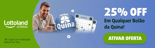 Banner promocional da Lottoland Loterias oferecendo 25% de desconto em qualquer bolão da Quina. O anúncio apresenta um homem sorrindo enquanto olha para o celular, com um bilhete da Quina e uma bola azul exibindo o logo do jogo. O fundo é vibrante em tons de azul e verde, com um botão de call-to-action destacado escrito "ATIVAR OFERTA'". No rodapé, há um aviso sobre jogo responsável para maiores de 18 anos, com a informação de que se aplicam termos e condições.