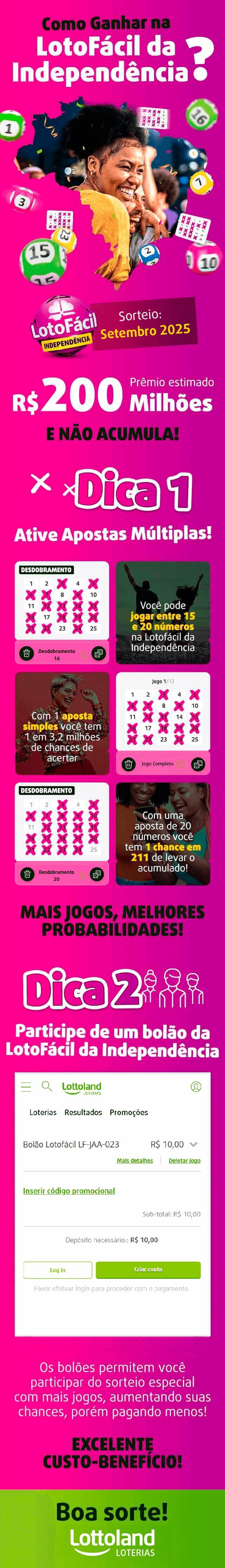 Infografico com 3 dicas para ganhar na Lotofácil da Independência