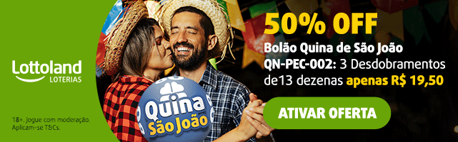 Banner com oferta Quina de São João: 50% OFF no bolão QN-PEC-002 com 3 desdobramentos de 13 dezenas por apenas R$19,50. Ative agora na Lottoland Loterias.