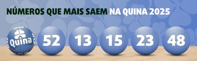 Banner com fundo estampado de trevos-de-quatro-folhas, logo do sorteio da Quina e os cinco números que mais saem no sorteio regular da Quina em 2025.