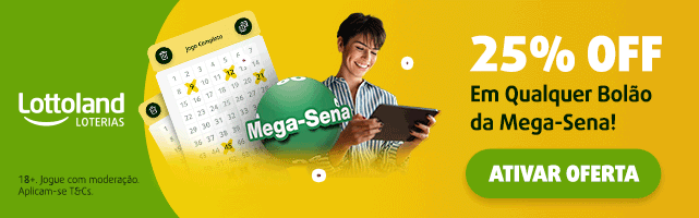 Banner promocional da Lottoland Loterias oferecendo 25% de desconto em qualquer bolão da Mega-Sena. O anúncio apresenta uma pessoa sorrindo enquanto segura um tablet, com um bilhete da Mega-Sena e uma bola verde exibindo o logo do jogo. O fundo é vibrante em tons de verde e amarelo, com um botão de call-to-action destacado escrito "ATIVAR OFERTA". No rodapé, há um aviso sobre jogo responsável para maiores de 18 anos, com a informação de que se aplicam termos e condições.