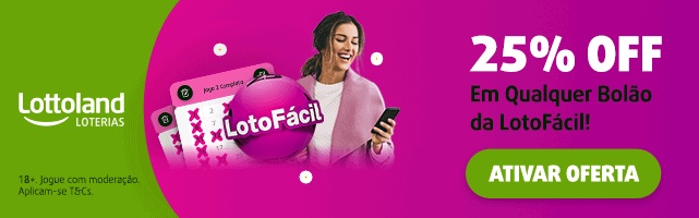 Banner promocional da Lottoland Loterias oferecendo 25% de desconto em qualquer bolão da LotoFácil. O anúncio apresenta uma mulher sorrindo enquanto segura um smartphone, com bilhetes da LotoFácil e uma bola rosa exibindo o logo do jogo. O fundo é vibrante em verde e rosa, com um botão de call-to-action destacado escrito "ATIVAR OFERTA'". No rodapé, há um aviso sobre jogo responsável para maiores de 18 anos, com a informação de que se aplicam termos e condições.
