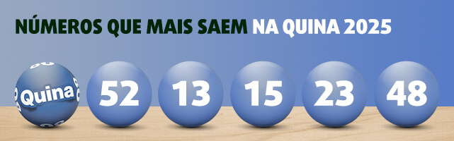 Banner com fundo estampado de azul, logo do sorteio da Quina e os cinco números que mais saem no sorteio regular da Quina em 2025: 52, 13, 15, 23, 48.