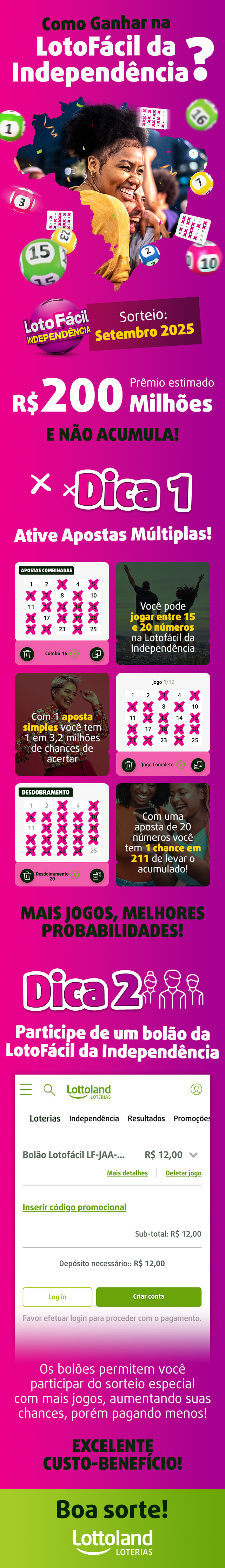 Infográfico com três dicas para ganhar na Lotofácil da Independência.