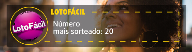 Banner com número que mais sai na Lotofácil: 20. Mulher sorri ao fundo.