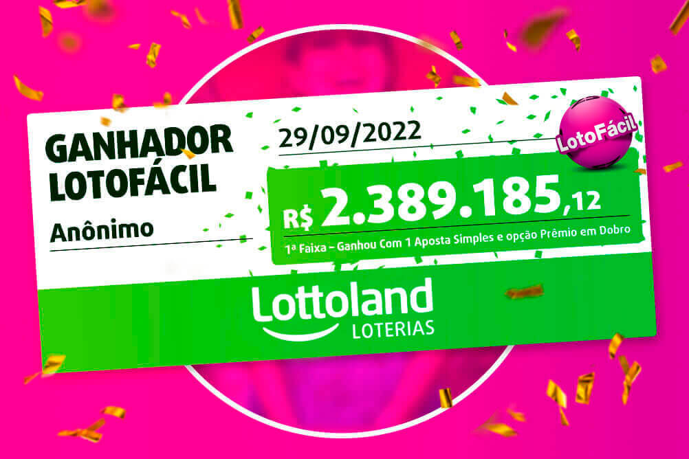 Cheque no valor de mais de 2,3 milhões de reais ao centro na tela em um fundo rosa choque da Lotofácil. 