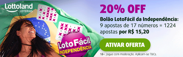 Banner com 20% OFF Bolão Lotofácil da Independência: 9 apostas de 17 números = 1224 apostas por R$ 15,20. Ativar oferta. 18+ Jogue com moderação. 