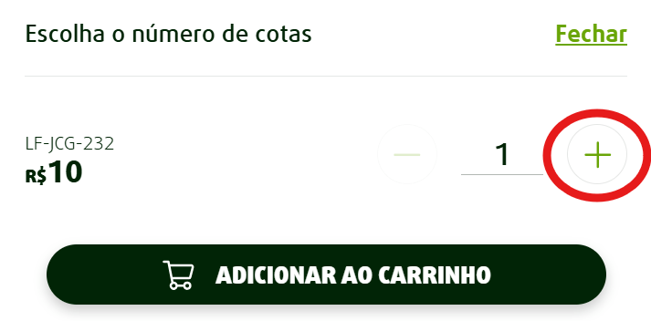 Tela de compra mostrando como selecionar o número de cotas no bolão da Lotofácil da Independência.