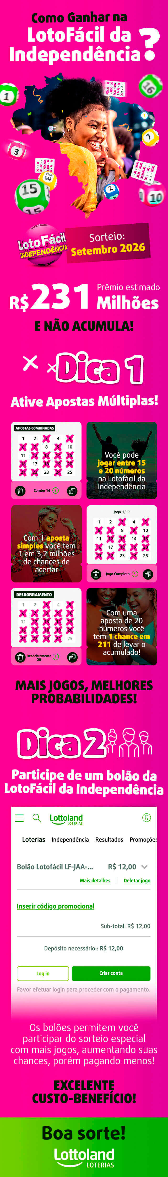 Infográfico com três dicas para ganhar na Lotofácil da Independência.
