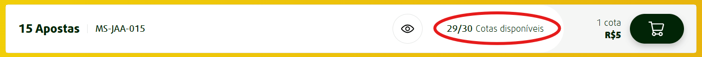 Indicador mostrando 29 de 30 cotas disponíveis no bolão Mega da Virada.