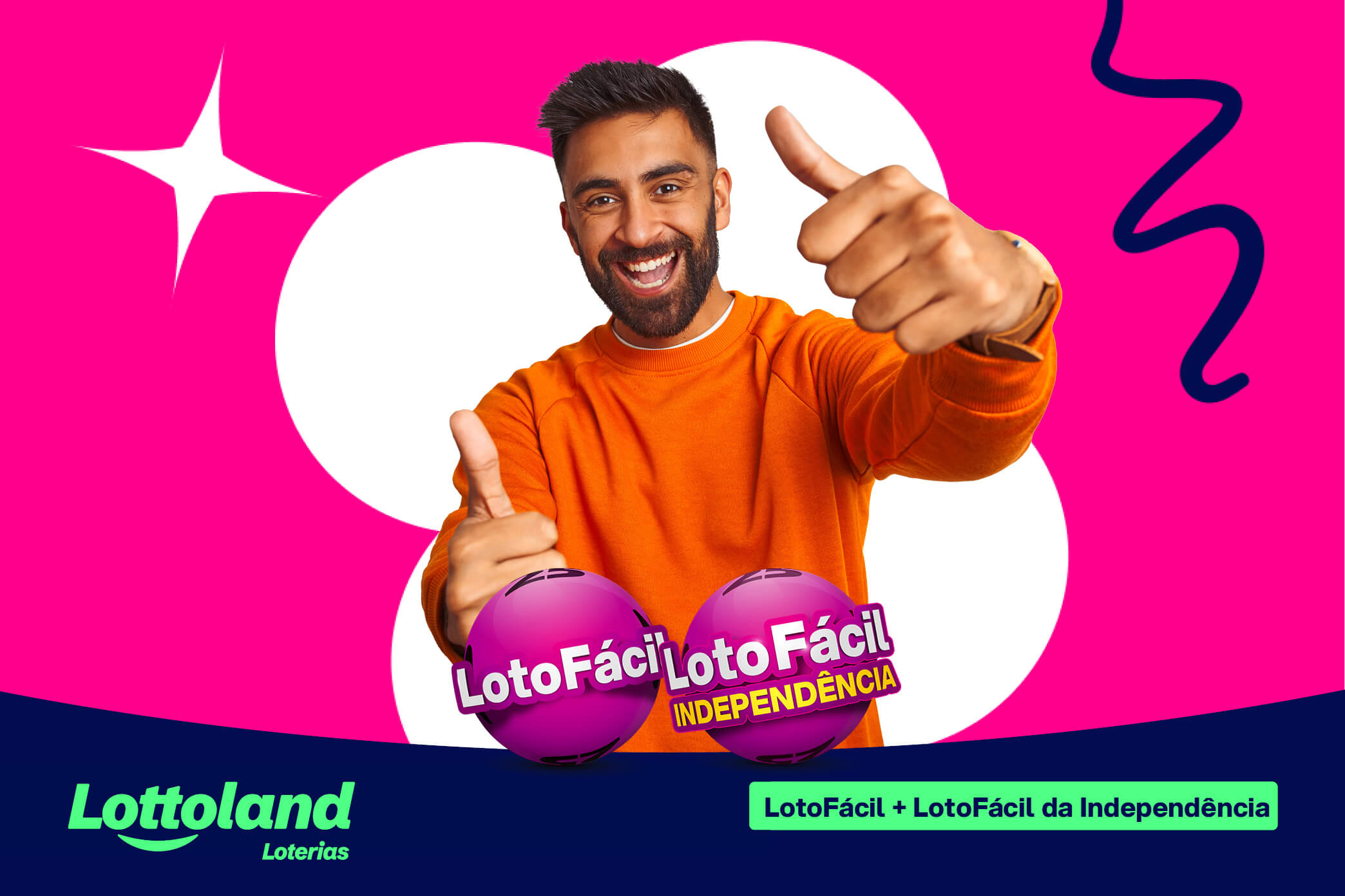 Homem com os polegares para cima celebrando o sorteio da Lotofácil e da Lotofácil da Independência ao vivo hoje.