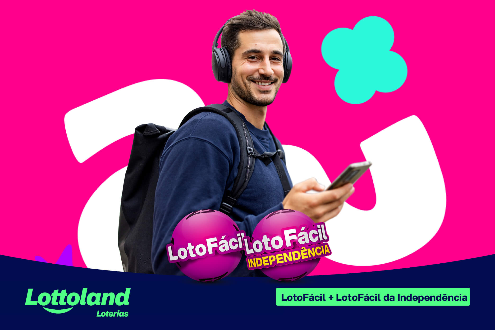 Homem usando fones de ouvido com expressão satisfeita por encontrar um gerador de números Lotofácil grátis.