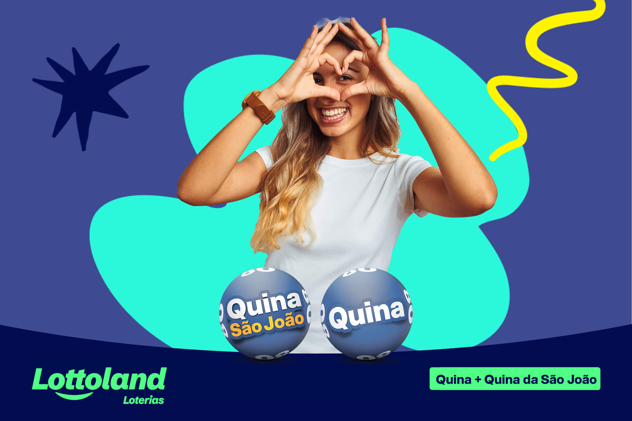 Mulher fazendo o símbolo de coração com as mãos para as estratégias de como ganhar na Quina e Quina de São João.