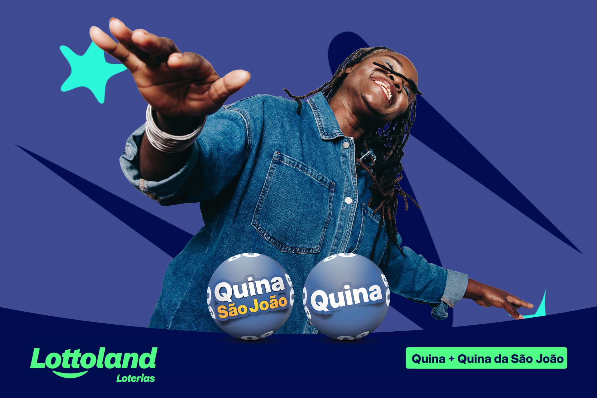 Mulher em pose dançante celebrando as combinações aleatórias do gerador de números Quina grátis.