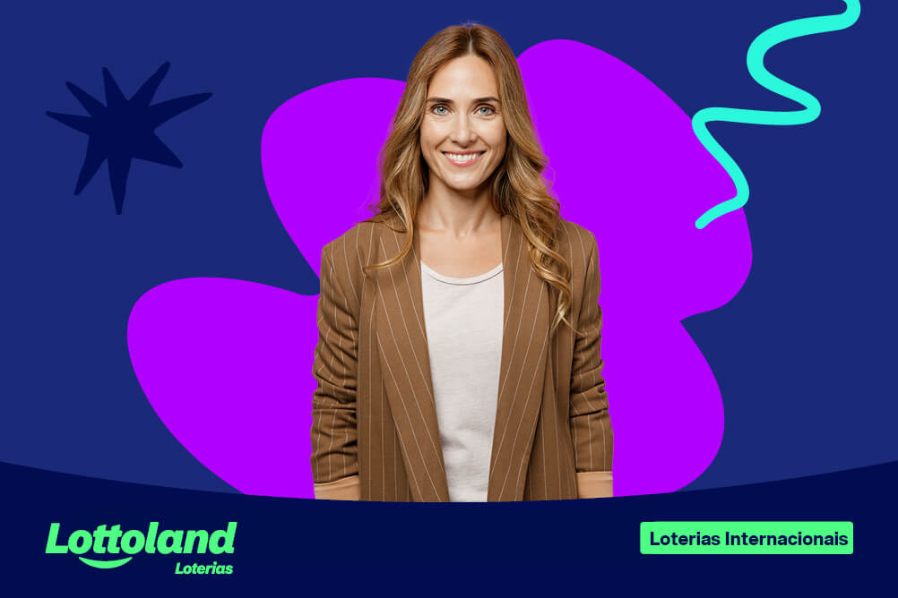 Mulher de terno beje, olhando para frente com um sorriso, ao conhecer outras grandes loterias ao redor do mundo.