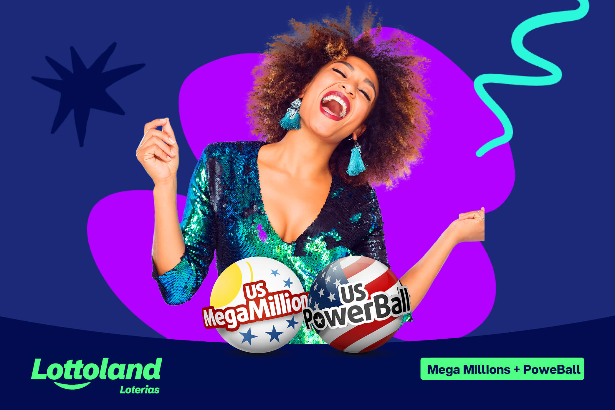 Mulher com uma roupa de festa neon em pose dançante. Ao centro as logos da PowerBall e Mega Millions, as maiores loterias dos Estados Unidos. 