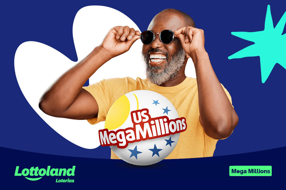 Homem ajeitando os óculos de sol no rosto. Ao centro, a logo do Mega Millions como Funciona.