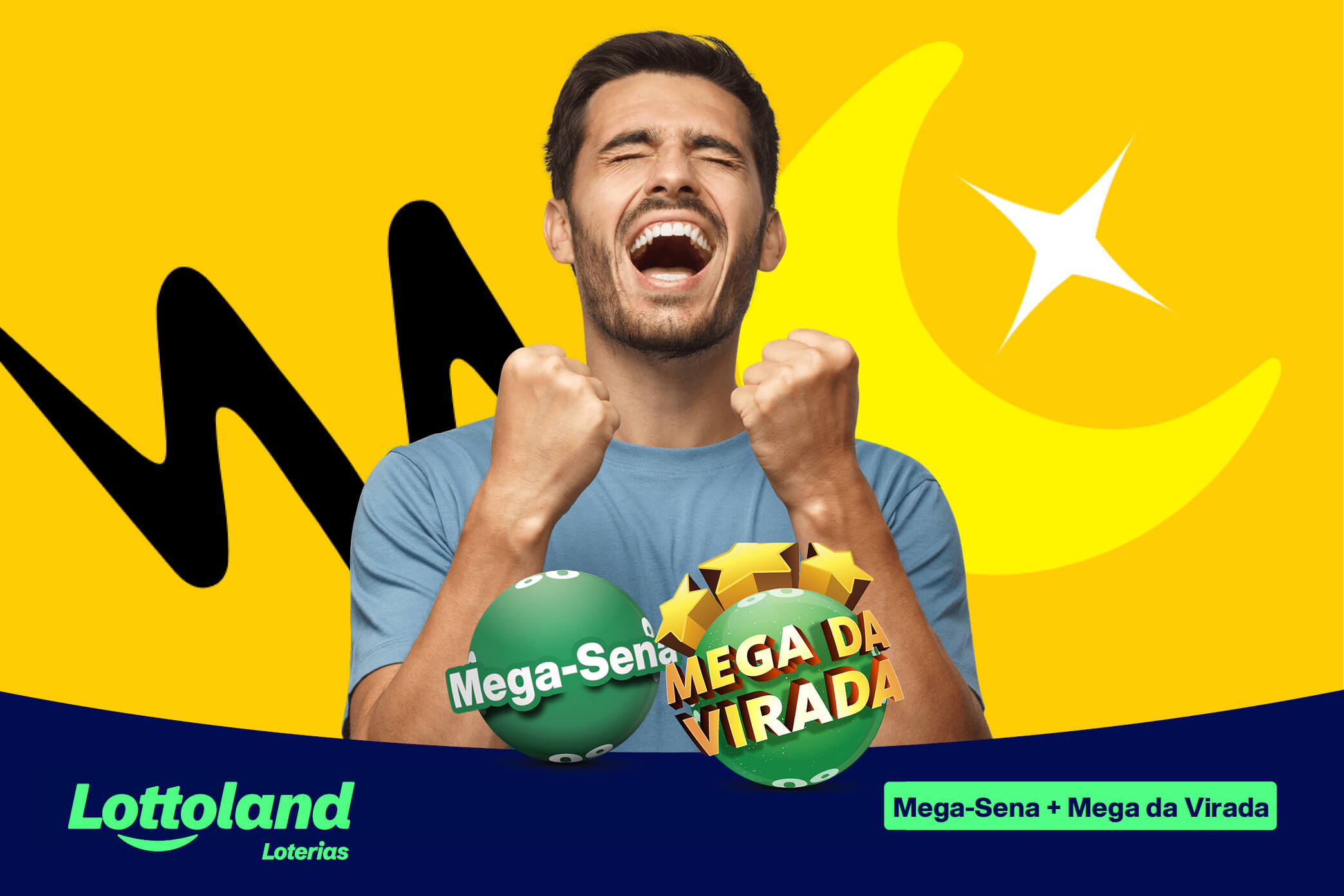 Homem comemorando vitória com bolas da Mega-Sena e Mega da Virada ao fundo amarelo. Lottoland Loterias anuncia o próximo sorteio da Mega-Sena.