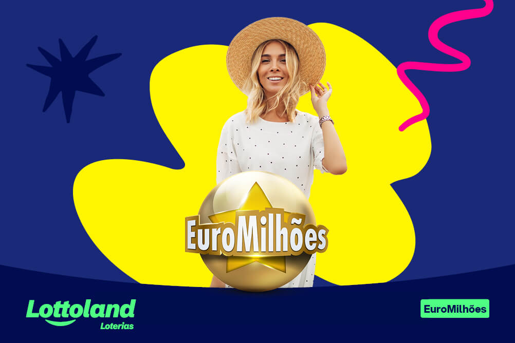 Mulher sorridente com chapéu, EuroMilhões a frente, em fundo colorido. Lottoland Loterias anuncia Super Sorteio EuroMilhões.