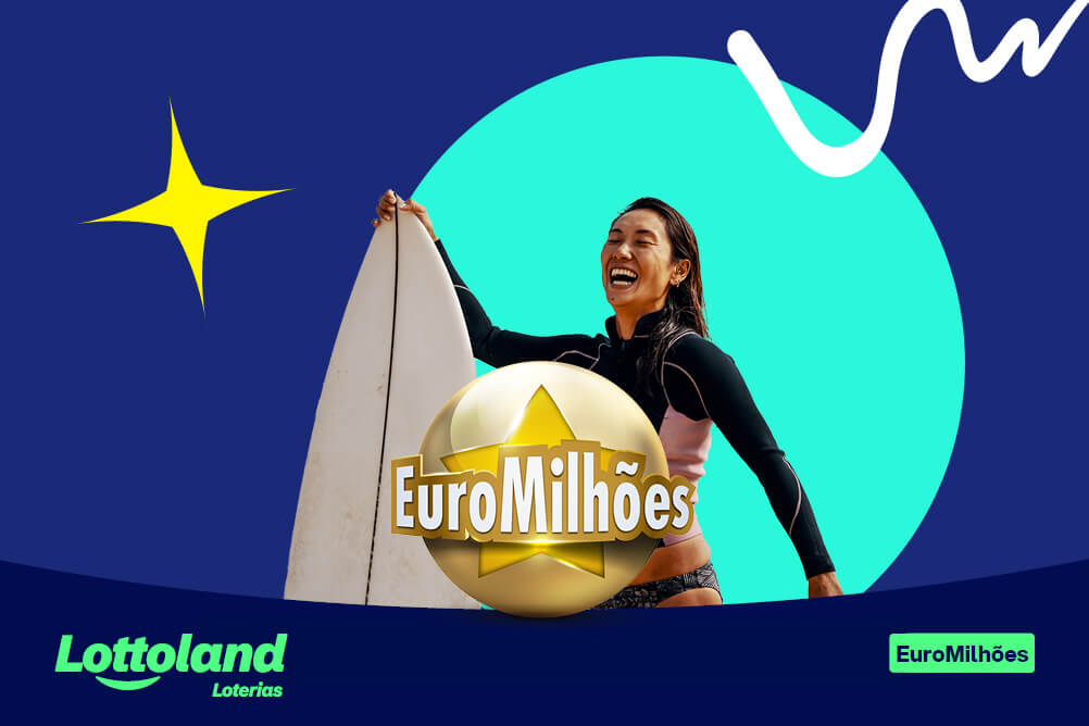 Mulher sorridente com prancha de surfe, logo EuroMilhões em fundo azul. Lottoland Loterias ensina como jogar na EuroMilhões.