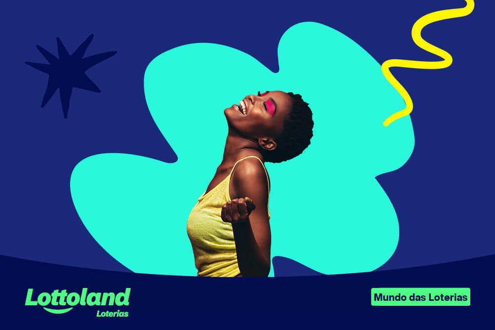 Mulher sorrindo em fundo azul e verde vibrante. Lottoland Loterias apresenta as maiores loterias do mundo e seus prêmios.