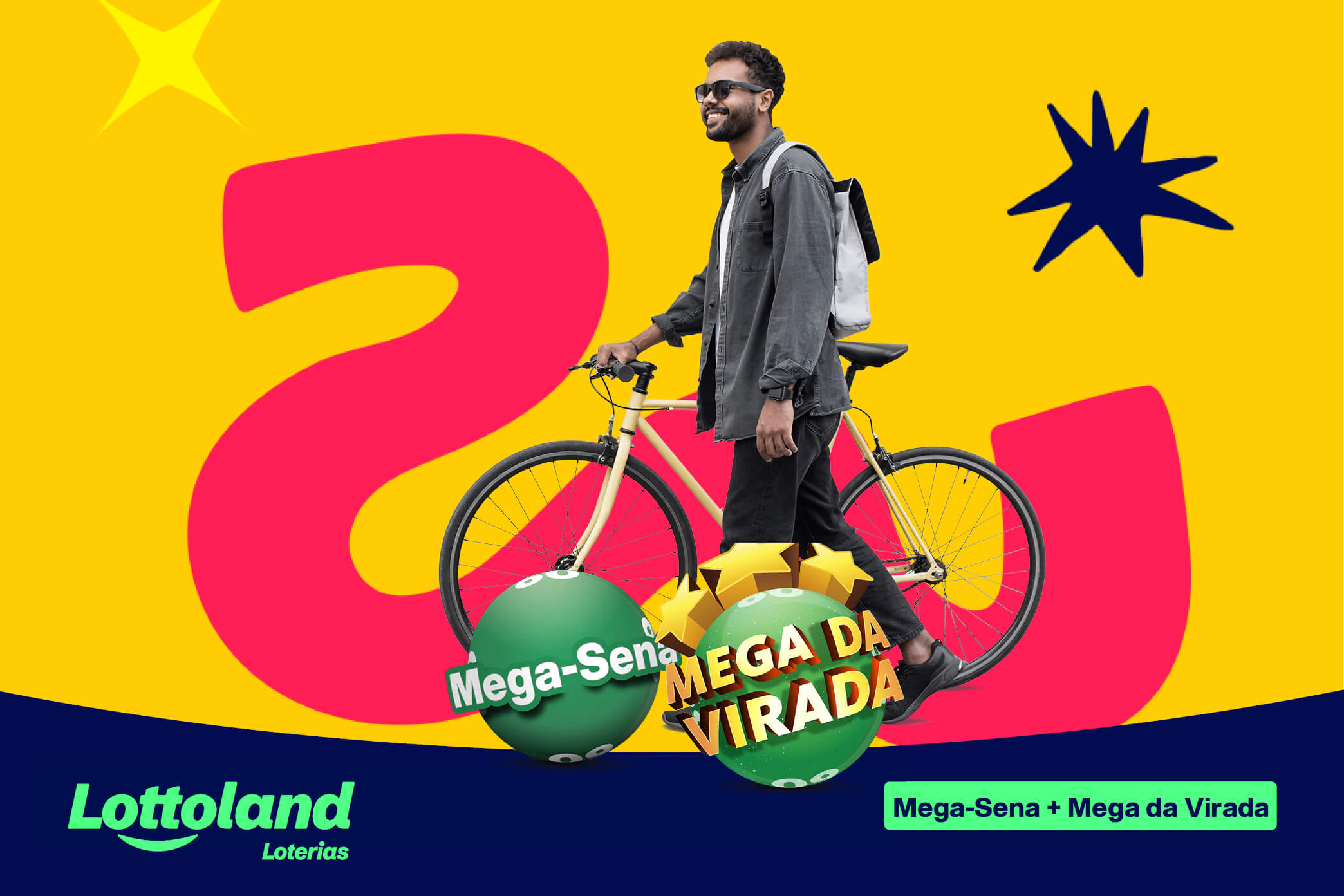 Homem sorrindo ao lado de bicicleta, logos da Mega-Sena e Mega da Virada. Lottoland Loterias ensina como conferir resultados da Mega Sena e Mega da Virada.