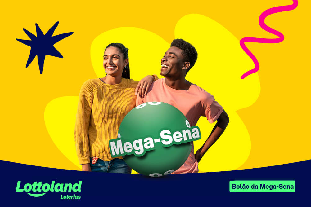 Casal sorrindo, logo da Mega-Sena a frente, sobre fundo amarelo. Lottoland Loterias explica como funciona o bolão da Mega-Sena.