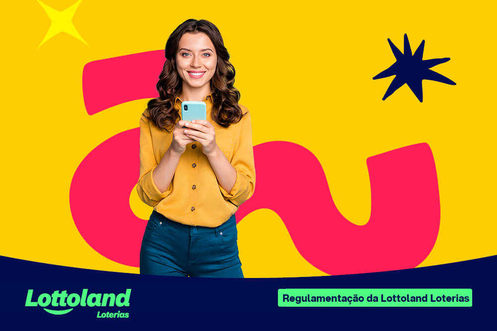 Mulher sorrindo segura celular sobre fundo amarelo com formas coloridas. Lottoland Loterias divulga a regulamentação de apostas online no Brasil.