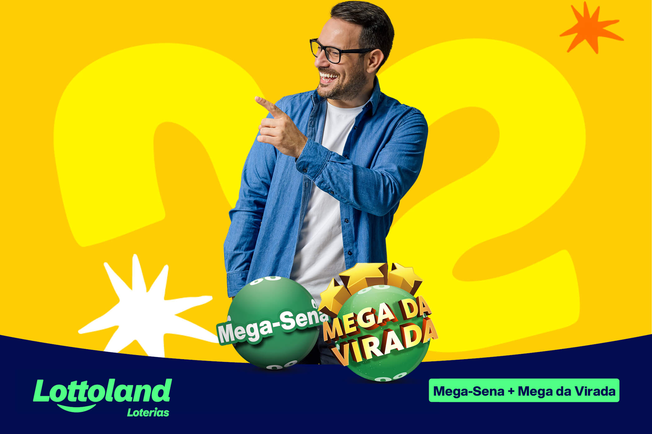 Homem feliz aponta para o lado, logos da Mega-Sena e Mega da Virada a frente e fundo amarelo. Lottoland Loterias explica o que fazer ao ganhar na loteria.