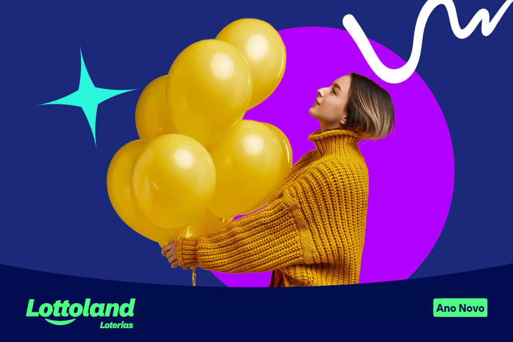 Mulher sorrindo com balões dourados em fundo colorido. Lottoland Loterias celebra o Ano Novo com mensagens de esperança e prosperidade.