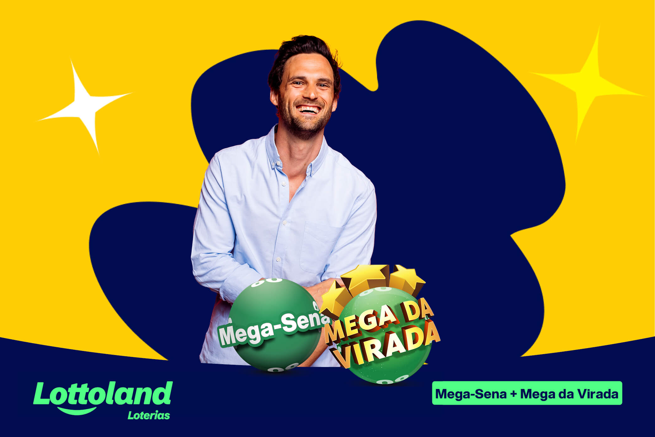 Homem sorridente com bolas da Mega-Sena e Mega da Virada sobre fundo azul e amarelo. Lottoland Loterias apresenta gerador de números da Mega-Sena.