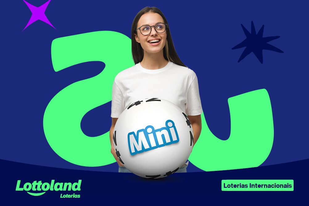 Mulher de óculos olhando para o lado sorrindo sob fundo azul e verde. Lottoland Loterias explica como funciona a Mini Lotto.