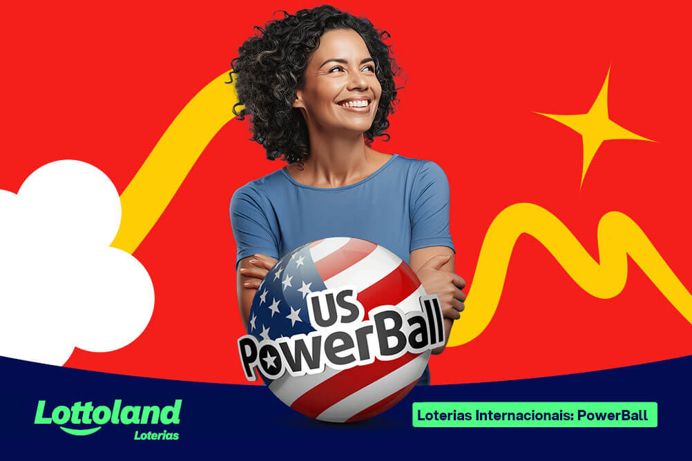 Mulher sorrindo e olhando para o lado sob fundo vermelho. Lottoland Loterias fala sobre os ganhadores da PowerBall e seus prêmios.