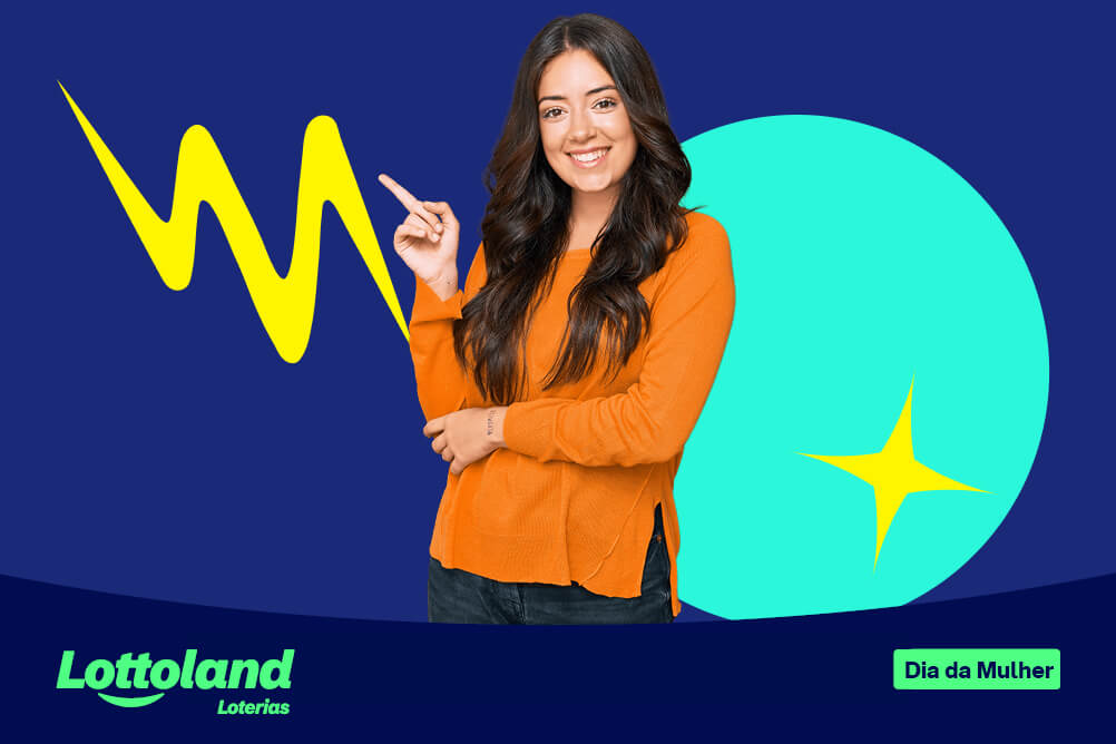 Mulher vestida em alaranjado com mão direita apontado para o lado. Lottoland Loterias criou lista com mensagens e frases para o Dia da Mulher.