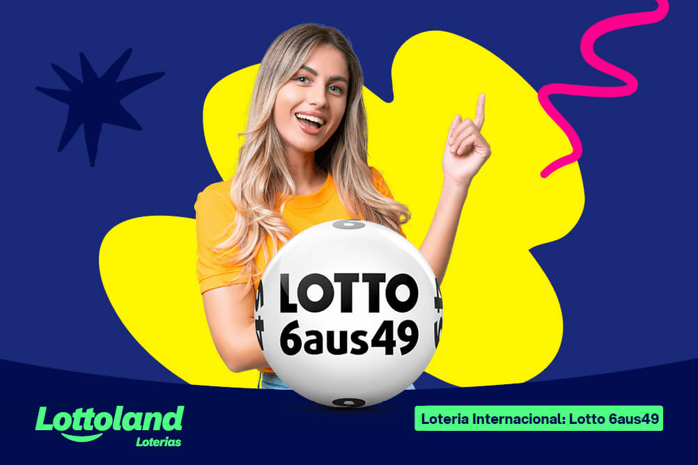 Mulher com o dedo indicador da mão direita apontando para cima sob fundo azul e amarelo. Lottoland Loterias ensinar como apostar na loteria alemã 6aus49.