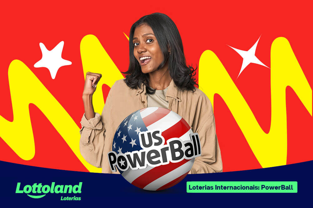 Mulher com um pulso fechado para cima em fundo vermelho. Lottoland Loterias mostra como jogar PowerBall, loteria americana.