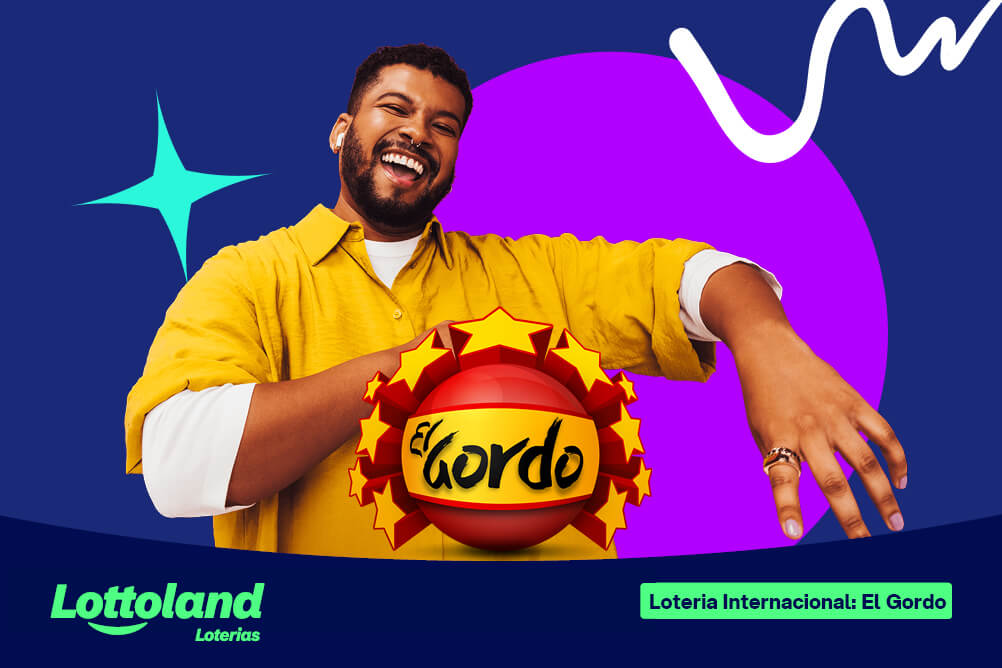 Homem de camisa amarela sorrindo sob fundo roxo e azul. Lottoland Loterias apresenta os ganhadoras a loteria espanhola El Gordo.