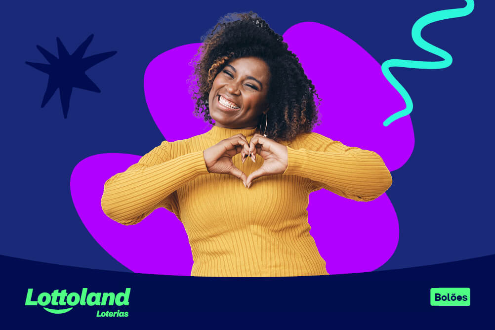 Mulher fazendo o símbolo do coração com as mãos em fundo roxo e azul-escuro. Lottoland Loterias explica como funcionam os bolões disponíveis na plataforma.