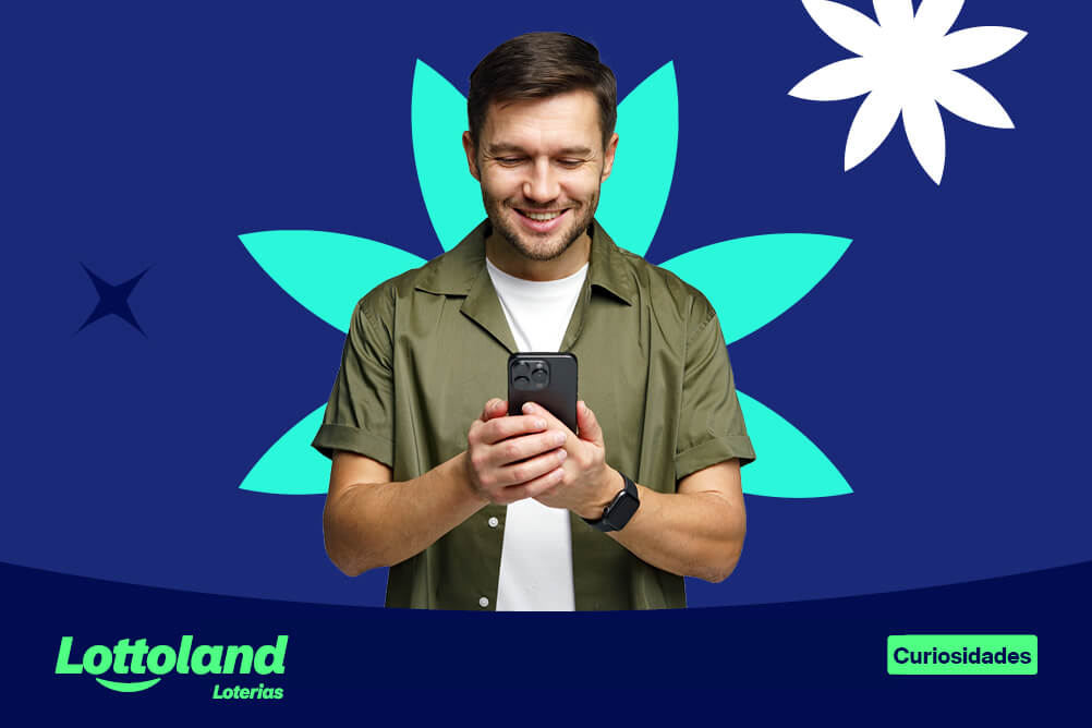 Homem olha para o celular sob fundo azul-escuro. Lottoland Loterias mostra os números de Lost para apostar na loteria e outras combinações vencedoras.