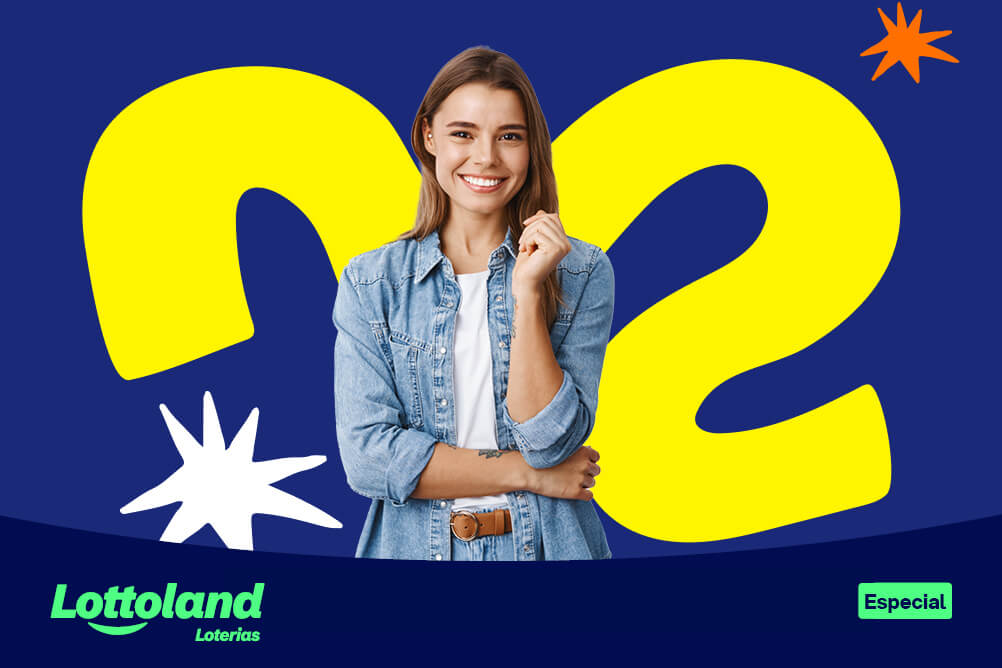 Mulher usando branco e jeans sob fundo azul e amarelo. Lottoland Loterias mostra simpatias e superstições usadas na virada de ano.