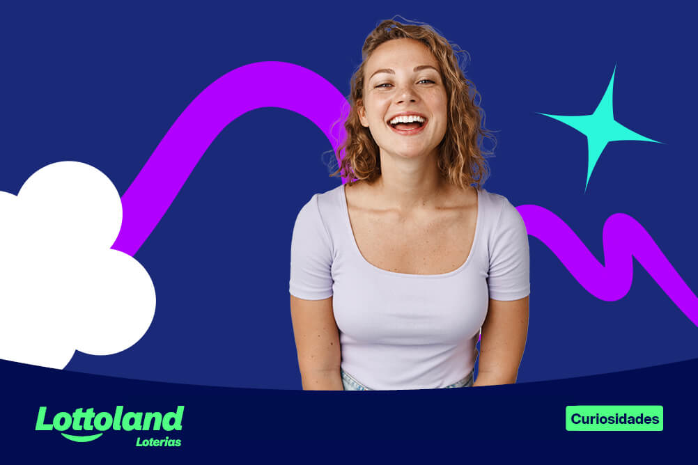 Mulher com blusa branca sorrindo sob fundo colorido. Lottoland Loterias explica o significado das cores.