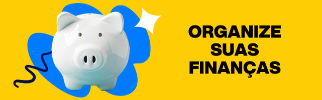 Cofrinho branco em destaque sobre fundo amarelo com formas abstratas. Lottoland Loterias recomenda organizar as finanças após ganhar na Mega-Sena.