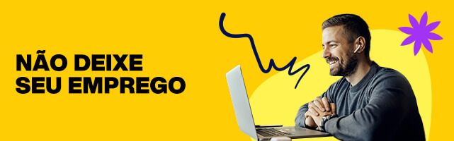 Homem sorrindo trabalhando no laptop com fundo amarelo ilustrado. Lottoland Loterias sugere não deixar o emprego imediatamente ao ganhar na Mega-Sena.