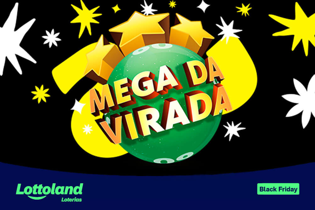 Logo da Mega da Virada sobre fundo preto e detalhes em branco. Conheça a história da Black Friday e as ofertas de loterias da Lottoland Loterias.